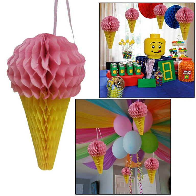 Ice Cream Hanging Pink Paper Decoration Set Of 4, Ice Cream Party