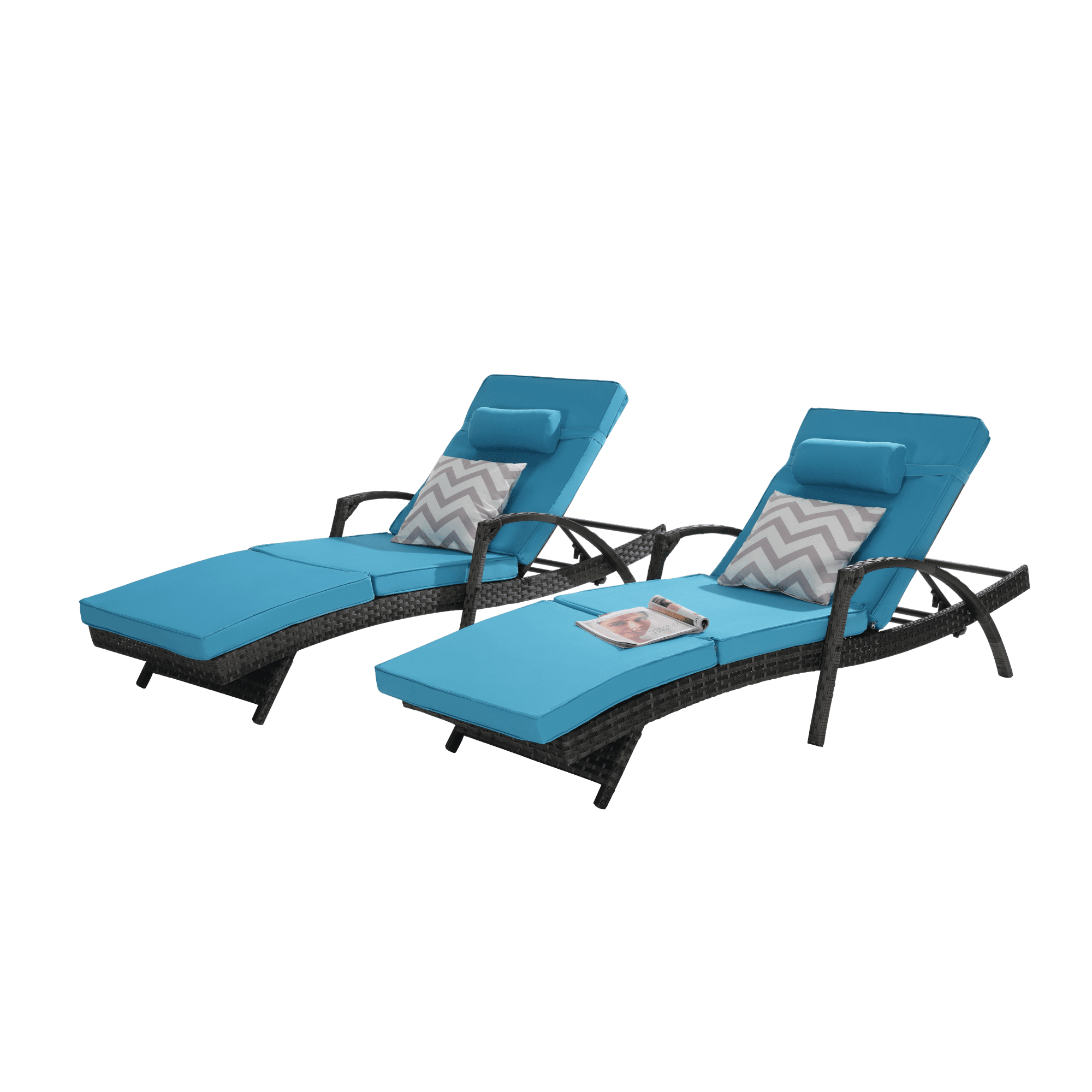 Leumius Outdoor Chaise Lounge Chair Set of 2,Wicker Reclining Lounge Chair with Cushions and Backrest Adjustable to 150° for Outside Pool Patio,Light Blue