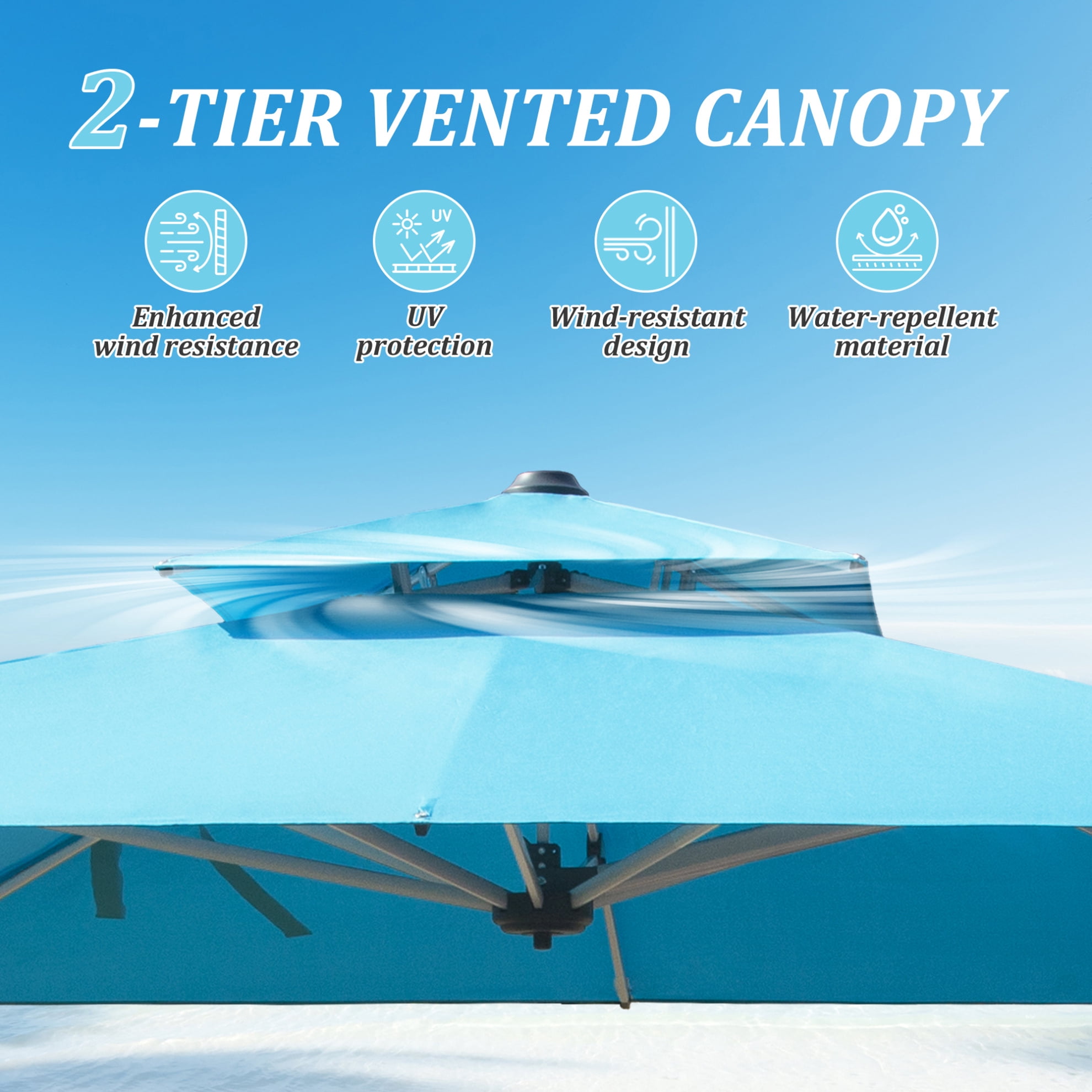 9ft Offset Cantilever Patio Umbrella, 360° Rotation Square Market Umbrella with 5-Position Tilt, 2-Tier Outdoor Table Umbrella with 9 Sturdy Ribs for Backyard, Pool, Blue (No Base)