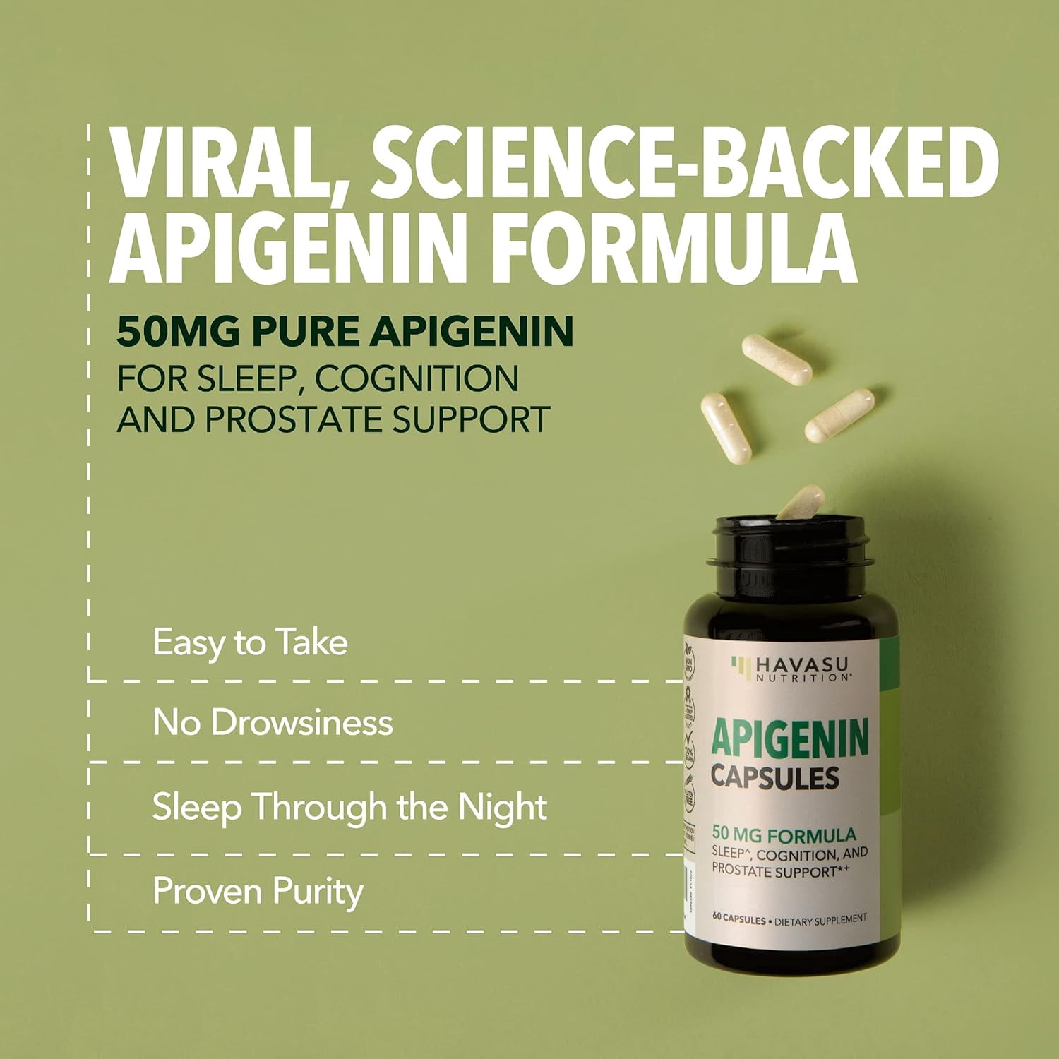 Havasu Nutrition 50mg Apigenin Supplement, Sleep, Cognition, & Prostate Health Support, 120 Capsules