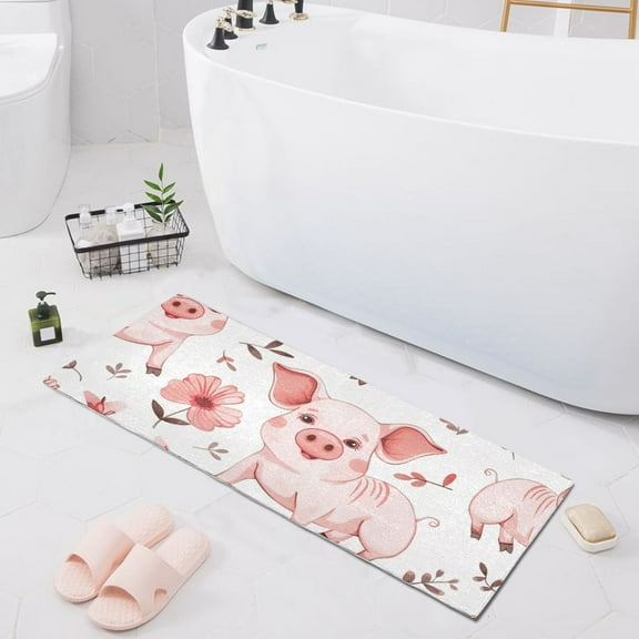 Bath Mat Soft Plush Non-Slip Absorbent Bathroom Rugs 39"x20" Cute Pig with Flower