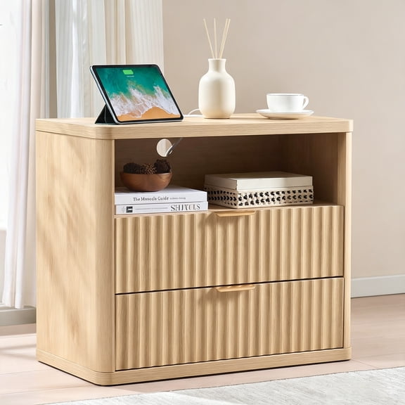 LELELINKY 31" Fluted Nightstand with Charging Station, 2-Drawer Wood Bedside Table for Bedroom, Natural