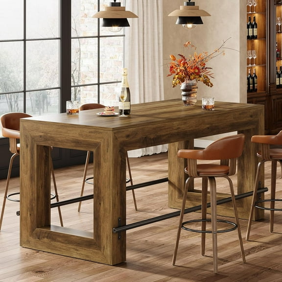 Finmind 59" Home Bar Table Unit, Industrial Counter Height Pub Table for Kitchen, Rustic Brown