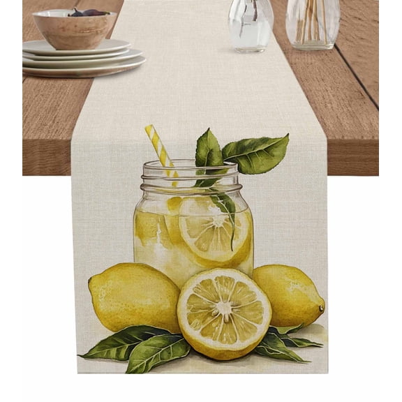 Summer Lemon Table Runner 90 Inches, Yellow Fruits Green Leaf Vintage Bed Runner Dresser Scarves Tabletop for Indoor Outdoor Parties/Ceremony/Banquet, 13" x 90"