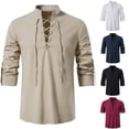 thumbnail image 4 of Mens Casual Vintage Long Sleeve Front Lace Up V-Neck Shirt Beach Tops Blouse, 4 of 9