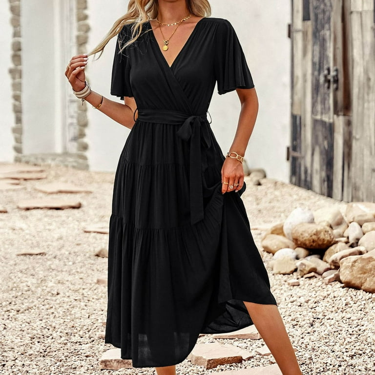Women Summer Casual Dress Wrap V Neck Short Sleeve Belted Midi Dresses Flowy Pleated Ruffle Hem Swing A line Dress