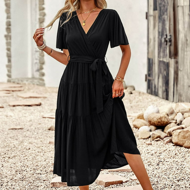 Women Summer Casual Dress Wrap V Neck Short Sleeve Belted Midi Dresses  Flowy Pleated Ruffle Hem Swing A-line Dress