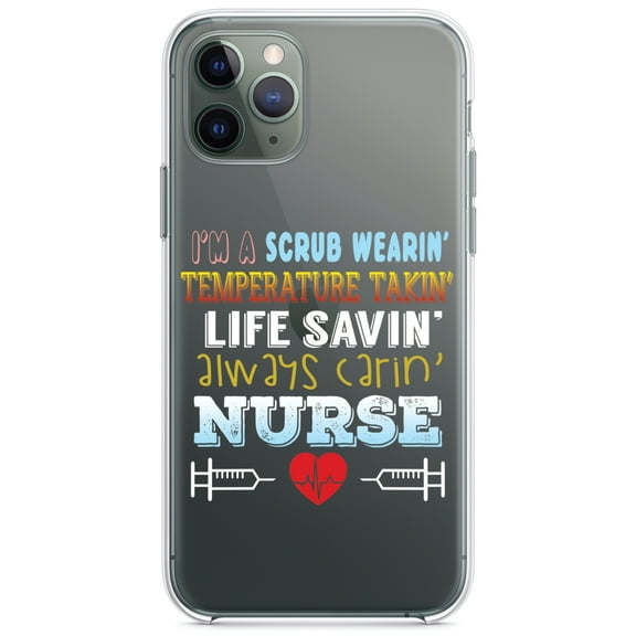 DistinctInk Clear Shockproof Hybrid Case for iPhone 11 (6.1" Screen) - TPU Bumper Acrylic Back Tempered Glass Screen Protector - Scrub Wearing Temp Taking Life Saving Nurse