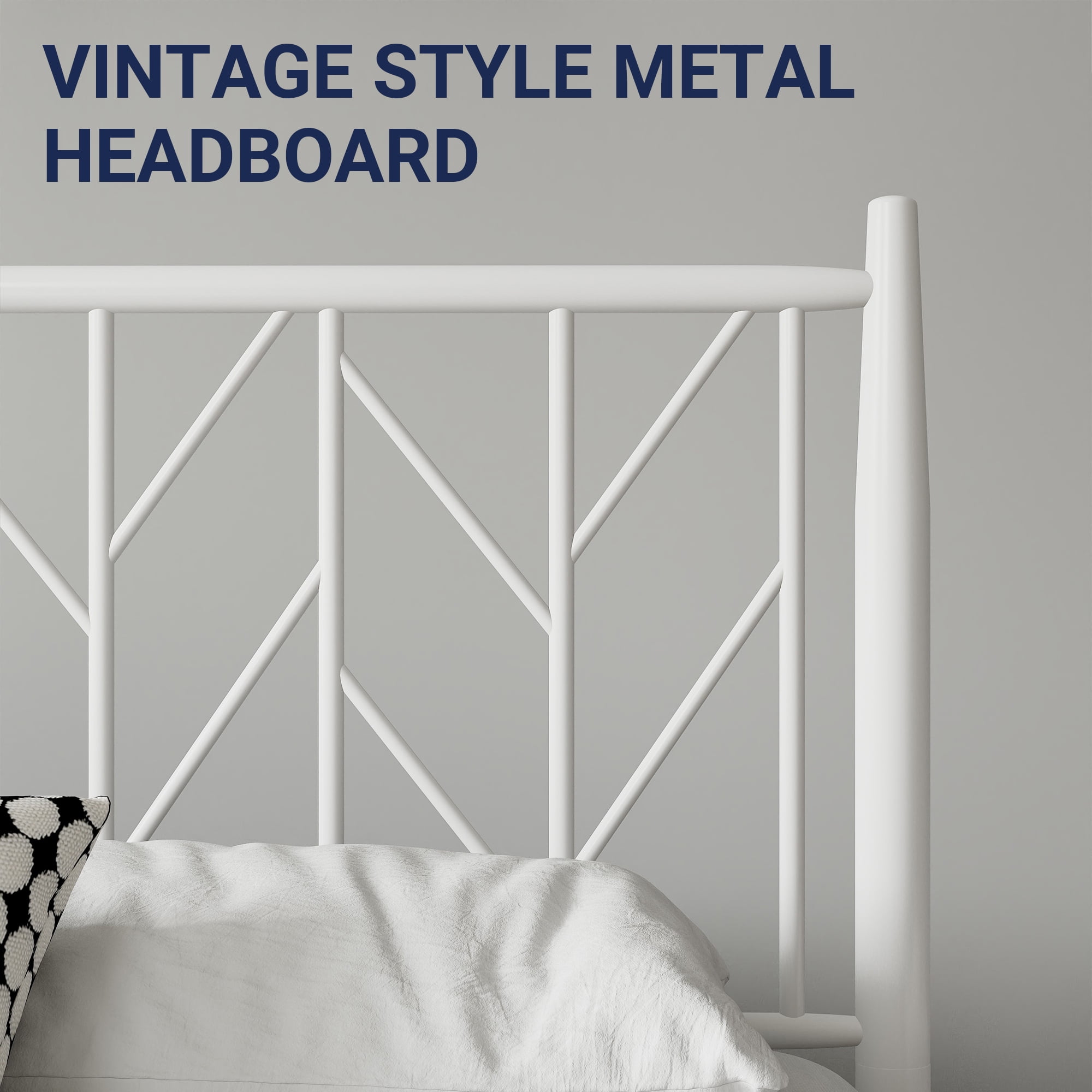 Allewie White Queen Size Modern Metal Platform Bed Frame with Vintage Headboard and 12" Under-bed Storage