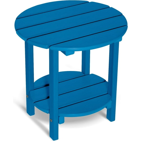 2 Tier Round Outdoor Side Table with Wood-Like Grain, 17.7" HDPE Adirondack Table Patio Side Table, Weather Resistant End Table for Pool, Patio & Porch, Small Outdoor Table (Navy Blue, Round)