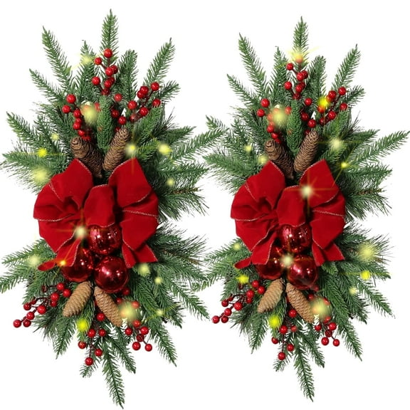 24” Artificial Christmas Teardrop Wreath,2PCS Christmas Swag Outdoor,Christmas Garland with Red Berry with Pine Cones Decor for Xmas Front Door Wall Window Hanging Decor