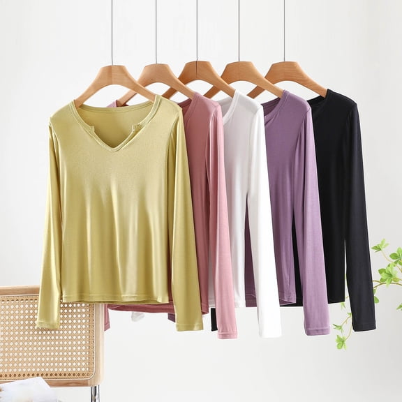 Underwear Women Ultra-Soft Long Johns Set Base Layer Women's Color Long-sleeved V-neck Undershirt Top,Yellow,L
