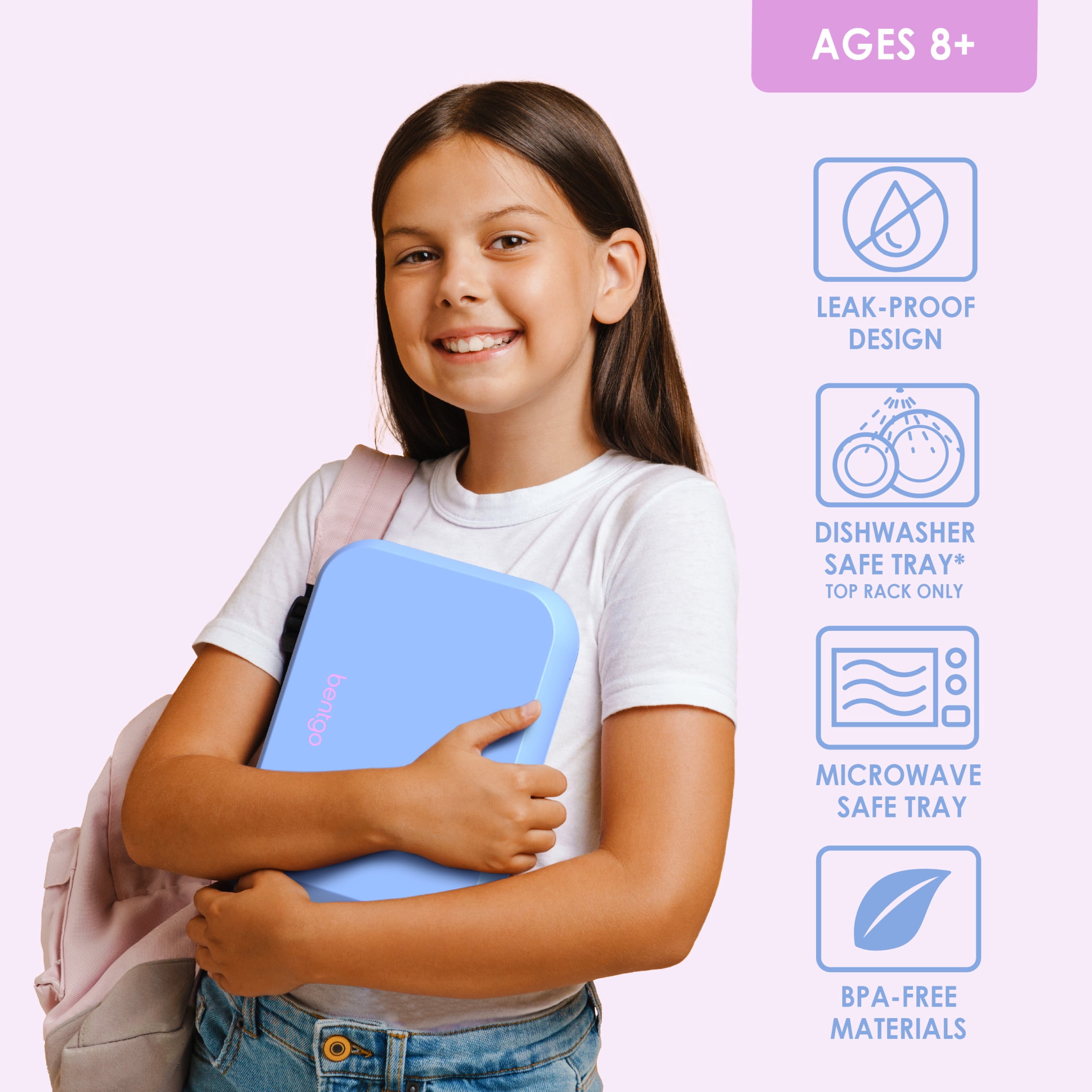 Bentgo® Pop - Leak-Proof Lunch Box & Removable Divider for Ages 8+ & Teens - Lunch Container Holds 5 Cups of Food; 3-4 Compartments; Microwave/Dishwasher Safe; 2 Year Warranty (Periwinkle/Pink)