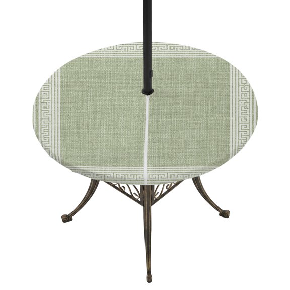 Light Green Geometric Round Outdoor Tablecloth with Umbrella Hole, White Greek Key Design Burlap Modern Art Elastic Fitted Table Cover, Waterproof Table Cloth for Patio Picnic Party Fits 54"-60"