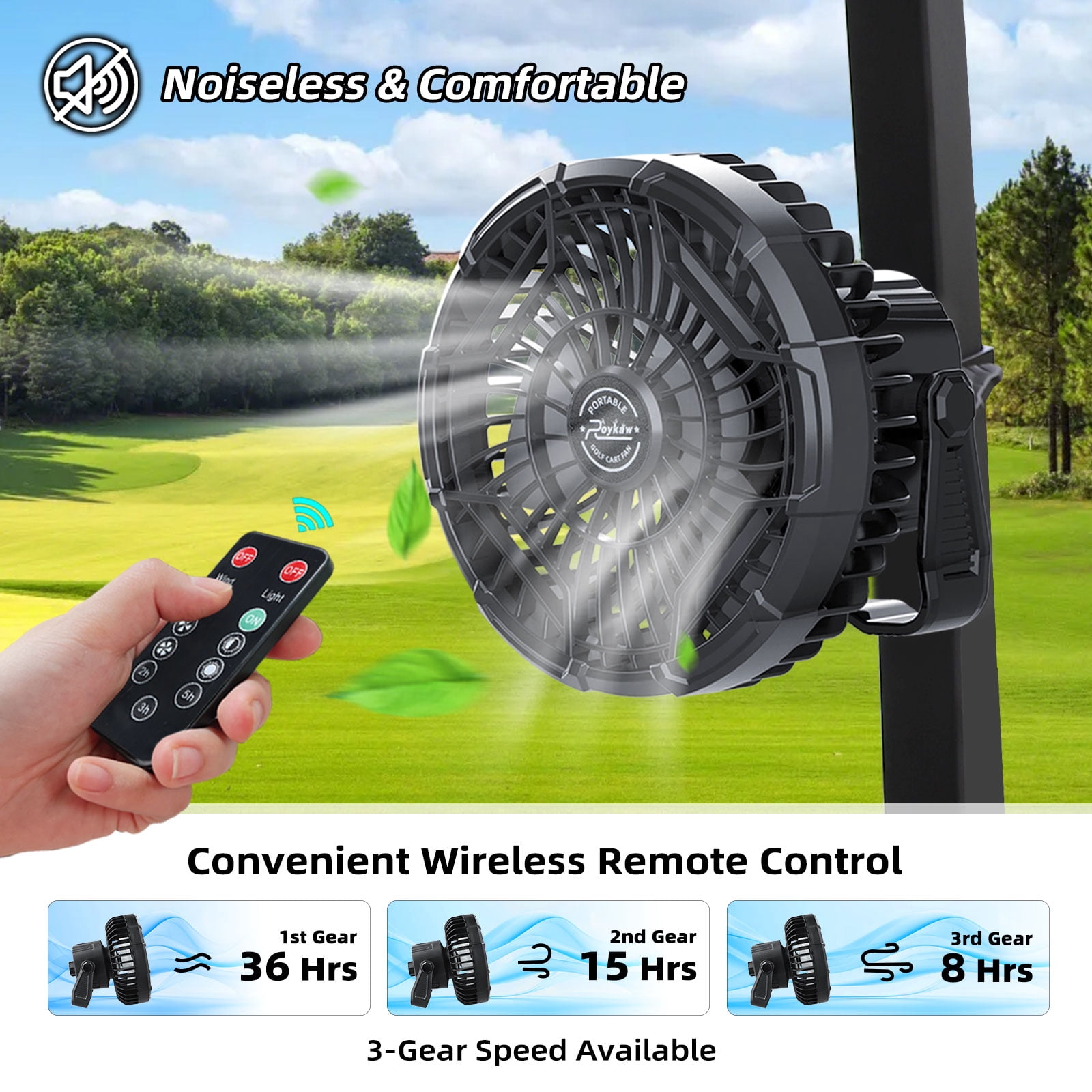 Roykaw Golf Cart Portable Rechargeable Fan w/LED Lantern, Camping Fan 10400mAh Battery Operated Fan