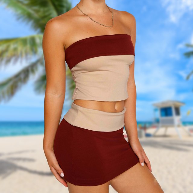 Conjunto de dos piezas de top corto y mini falda ajustada sexy y sin hombros con espalda descubierta para mujeres FLhrweasw Para estrenar