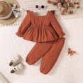 thumbnail image 4 of Odeerbi Toddler Girls Fall Outfits Retro Patchwork Ruffle Tops Pants Set Children's Clothes Fashion Casual Solid Color Stitching Bow Top Set Brown, 4 of 9