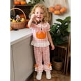 thumbnail image 4 of RUINIXCW Toddler Baby Girl Halloween Outfit Infant Baby Girl Summer Fall Clothes Cute Pumpkin Ghost Embroidery Short Sleeve Plaid Shirt Tops Flared Pants Set, 4 of 9