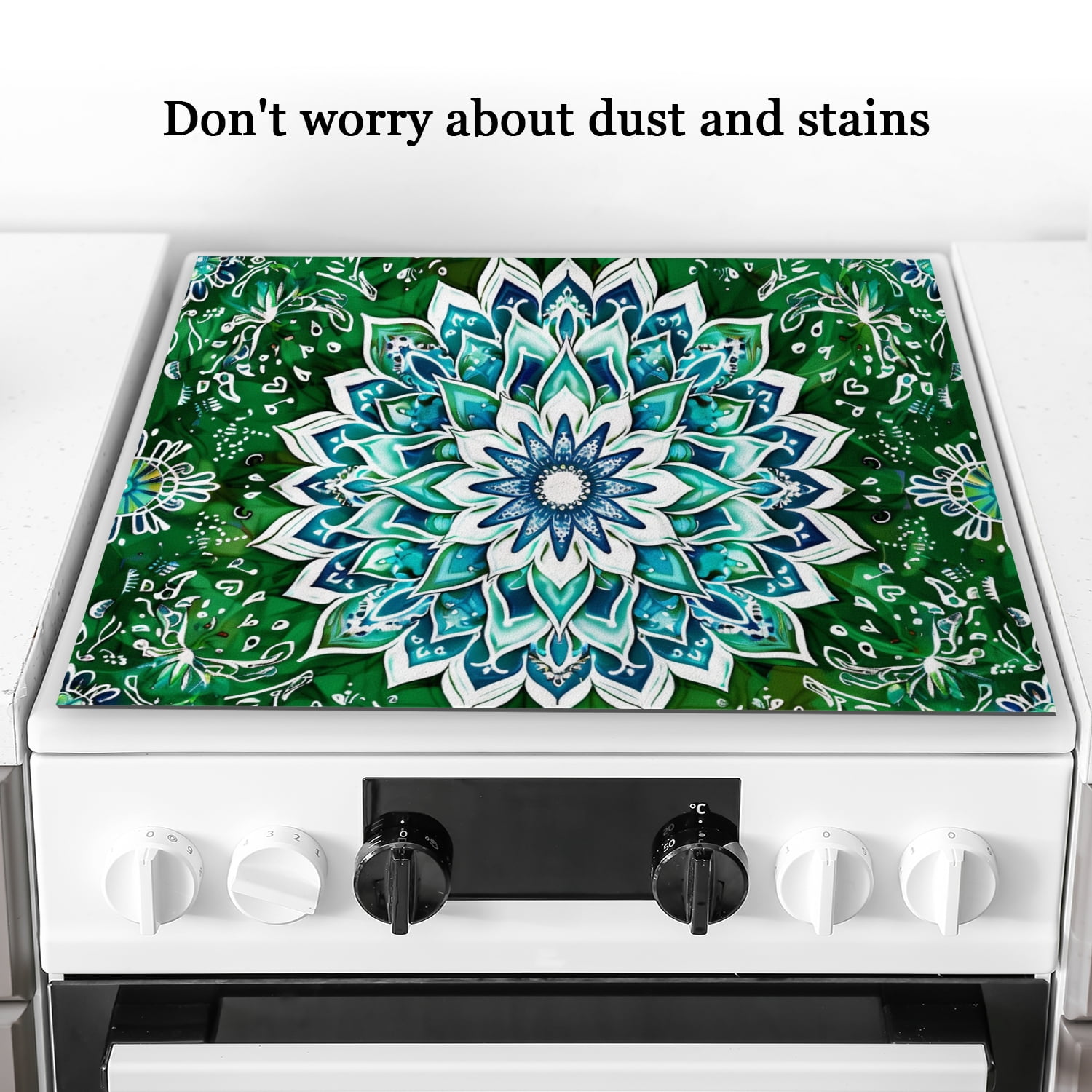 Stovetop Cover For Gas Stove Top, Mandala Designs in White with Blue and Green Colors Non-Slip Glass Cooktop Cover, Square Washable Foldable Stove Mat for Kitchen RV (28×20 Inch)