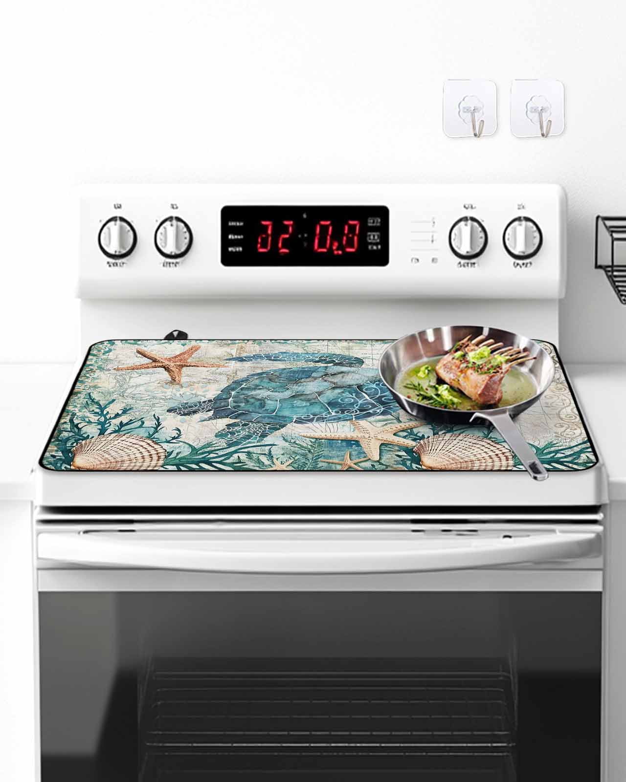 Stove Top Covers for Electric Stove, Teal Coastal Turtle Glass Stovetop Cover Protector, Vintage Summer Beach Nautical Coral Induction Cooktop Protector Oven Mat for Kitchen Countertop 24"x21"