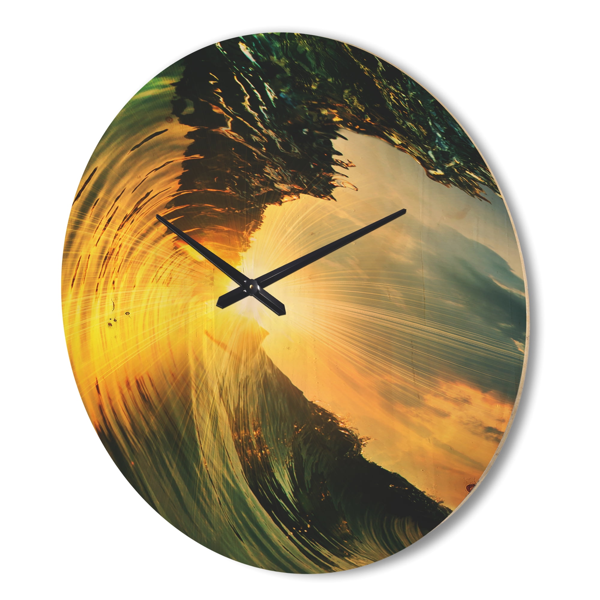 Designart 'Colored Ocean Waves Falling Down At Sunset VII' Coastal Wood Wall Clock