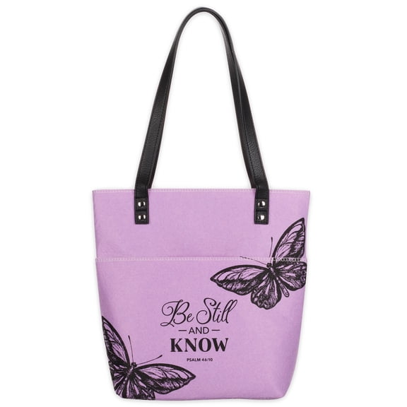 Christian Art Gifts Felt and Faux Leather Fashion Bible Cover Butterfly Tote Bag - Be Still and Know - Psalm 46:10 Inspirational Bible Verse, Purple and Black, One Size