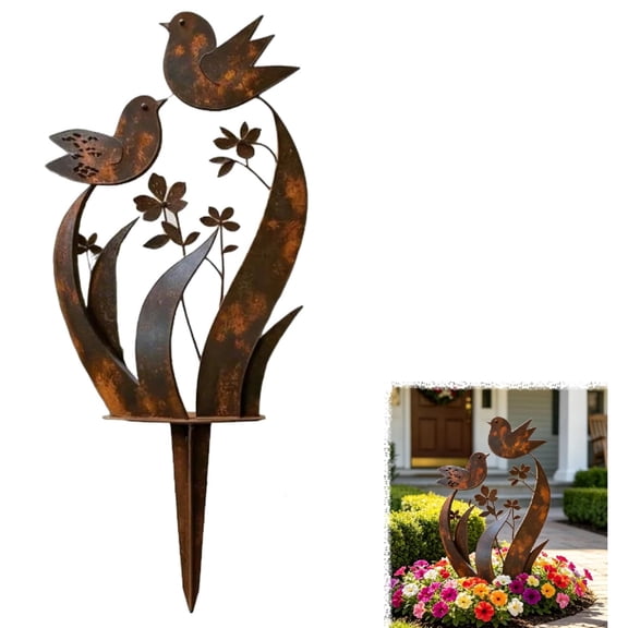 Metal Garden Stake, Decorative Outdoor Plant Stake with Rustic Bird and Floral Design for Yard Lawn, Garden Art Ornament for Planters