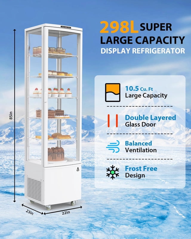 TROPOW 10.5 cu ft Commercial Display Refrigerator, Glass Door Merchandiser with LED Lighting, Adjustable Chrome Shelves for Pastry and Drink Display