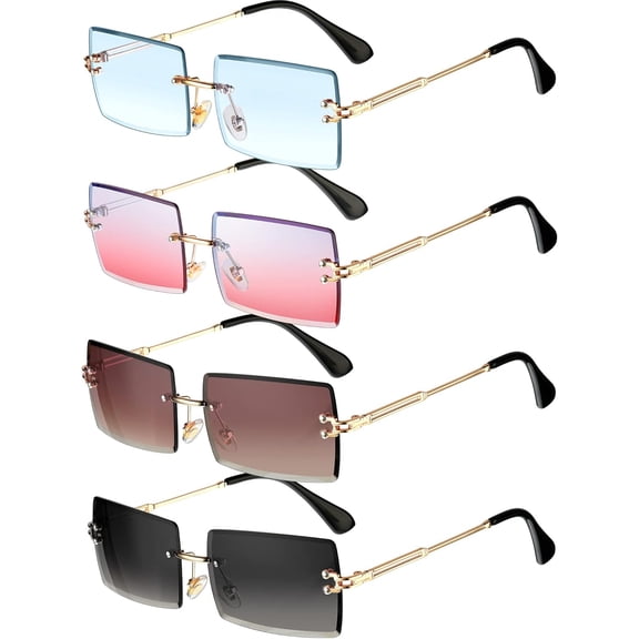 4pcs Rimless Rectangle Sunglasses for Women Men, UV400 Protection Lens Sun Glasses Square Shade Metal Frame Eyewear