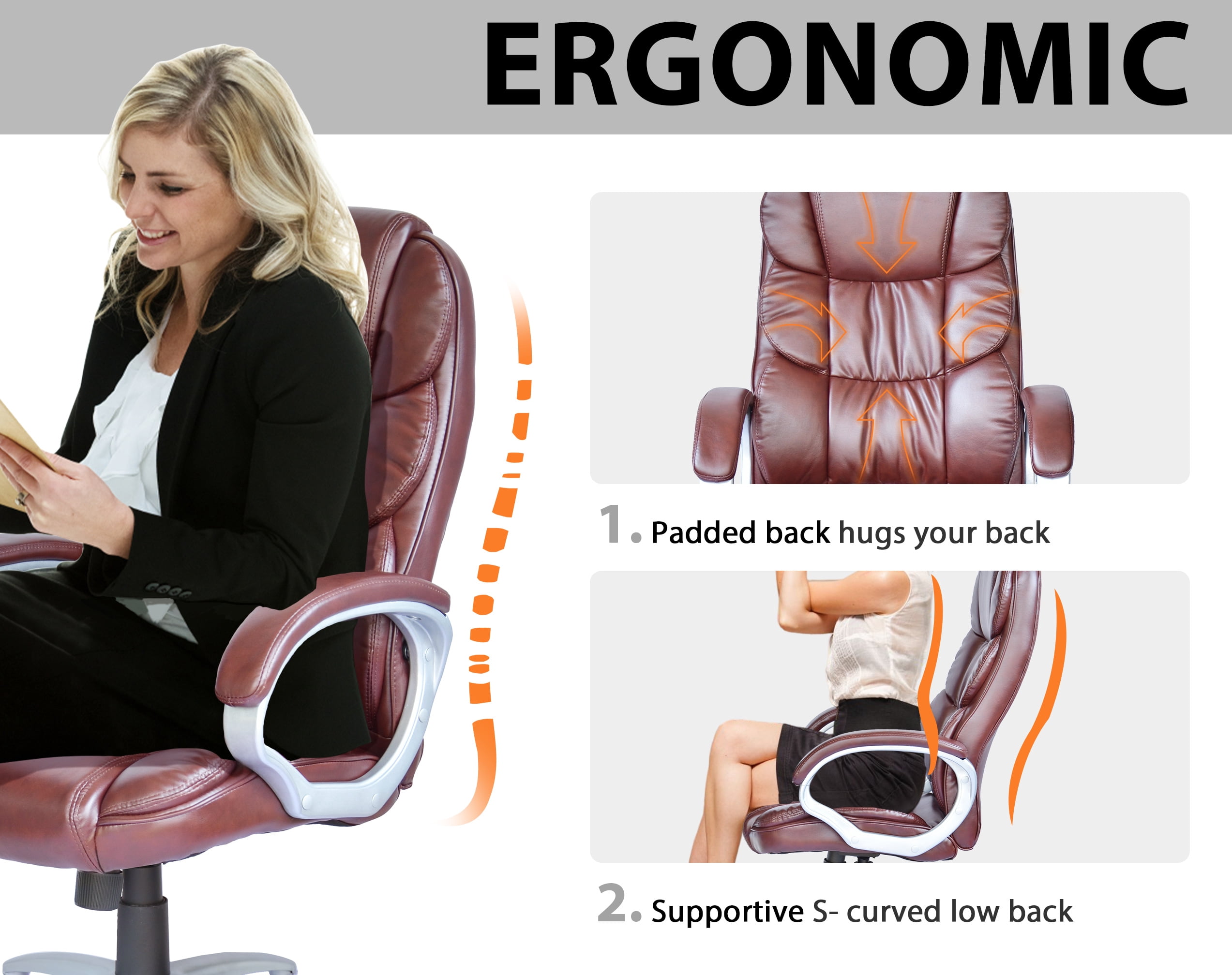 CL.HPAHKL Ergonomic Office Chair, PU Leather Home Office Desk Chairs, Adjustable Height Computer Chair with Armrest and Lumbar Support, Rolling Swivel Comfortable Office Chair Work Chair