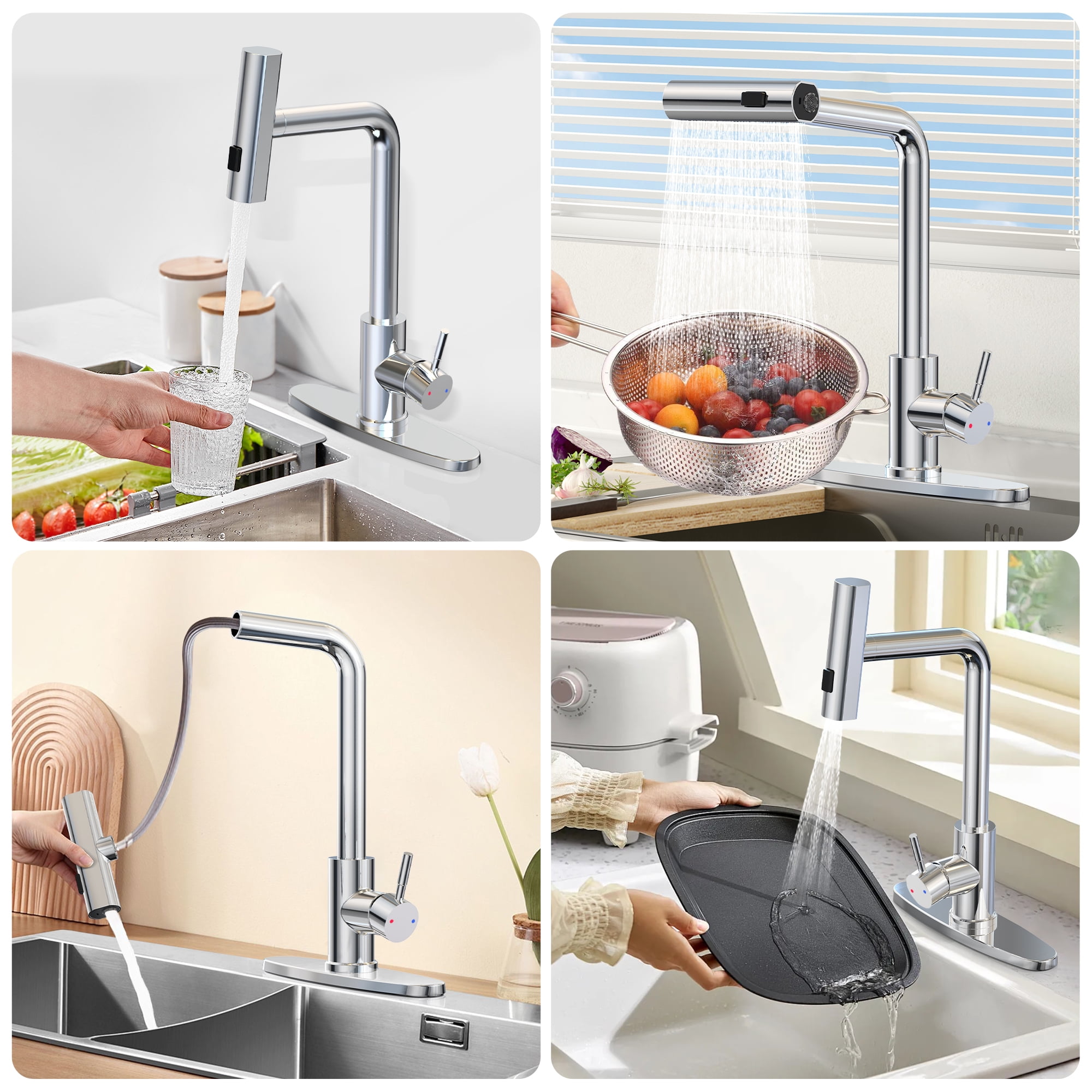 GPED Kitchen Faucets, Waterfall Kitchen Sink Faucet with Pull Down Sprayer, 3-Mode Sprayer&SUS304 Stainless Steel, 360° Rotatable Single Handle Faucet w/ Deck Plate&Water Pipes for Bar/Laundry/RV