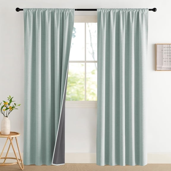 2 Panels Seafoam Green Linen 52 x 80 Inches 100% Blackout Curtains for Bedroom - Linen Blend Rod Pocket Drapes for Living Room, Nursery, Thermal Insulated & Light Blocking Curtains