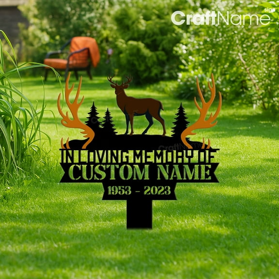 Craftnamesign Custom Deer Hunting Memorial Metal Stake, Memorial Garden Plaque for Dad Loss