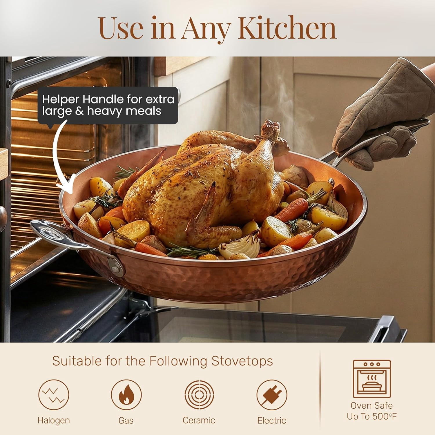 Hammered Copper 14 Inch Non Stick Frying Pan with Lid, Ceramic Coating Induction Safe Oven Dishwasher