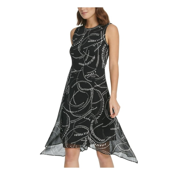 DKNY Womens Black Zippered Handkerchief Hem Printed Sleeveless Crew Neck Midi Party Fit Flare Dress 2 Walmart