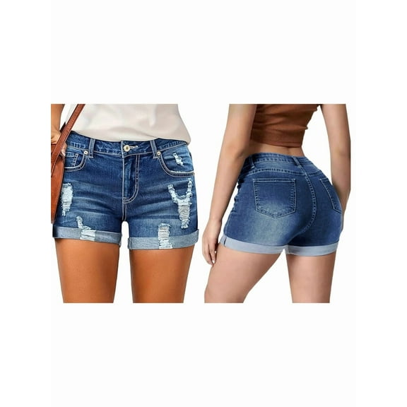 Women'S Mid-High Rise Ripped Distressed Jean Shorts with Pockets Folded Hem Casual Summer Jorts Dark Blue XXL