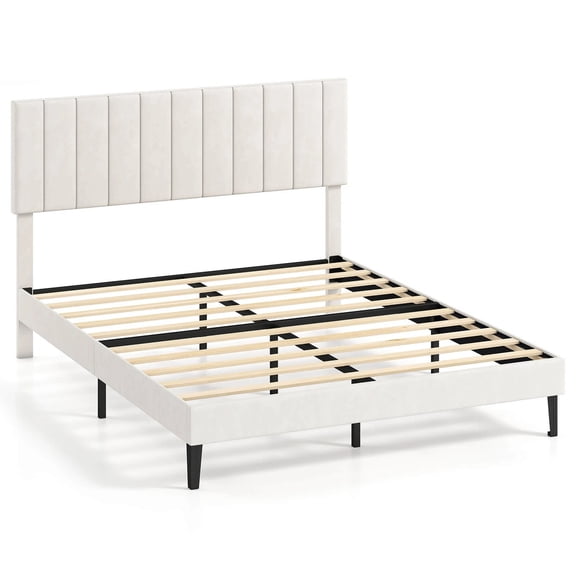 DRAZUNO Queen Size Velvet Bed Frame w/Height Adjustable Vertical Channel Headboard,Beige