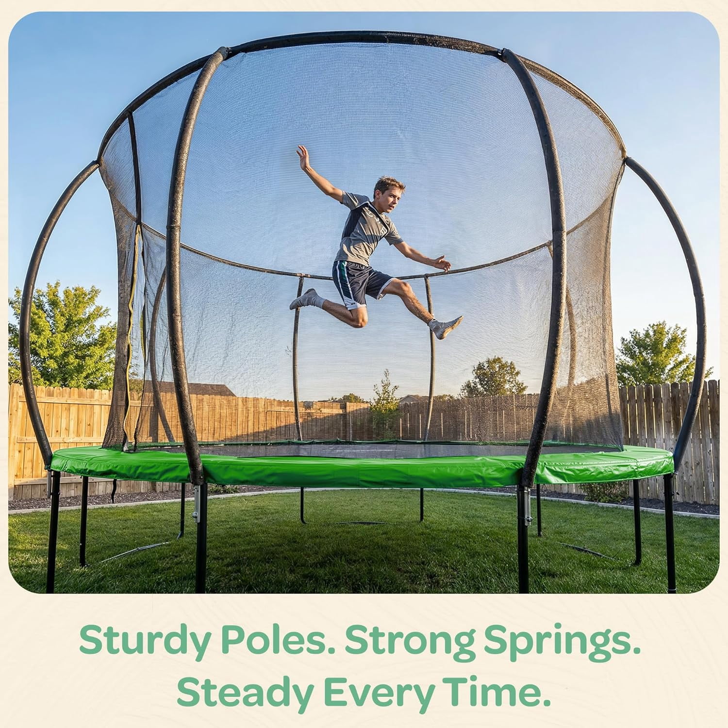 JoyBerri Trampoline Outdoor – 12Ft Recreational Trampoline with Enclosure Net, Ladder, LED Lights & Sprinkler – ASTM Certified Safe - Green