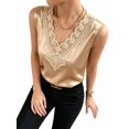 thumbnail image 2 of Women's Satin Contrast Lace V Neck Sleeveless Blouse Appliques Summer Tank Tops Champagne Color XXL, 2 of 7