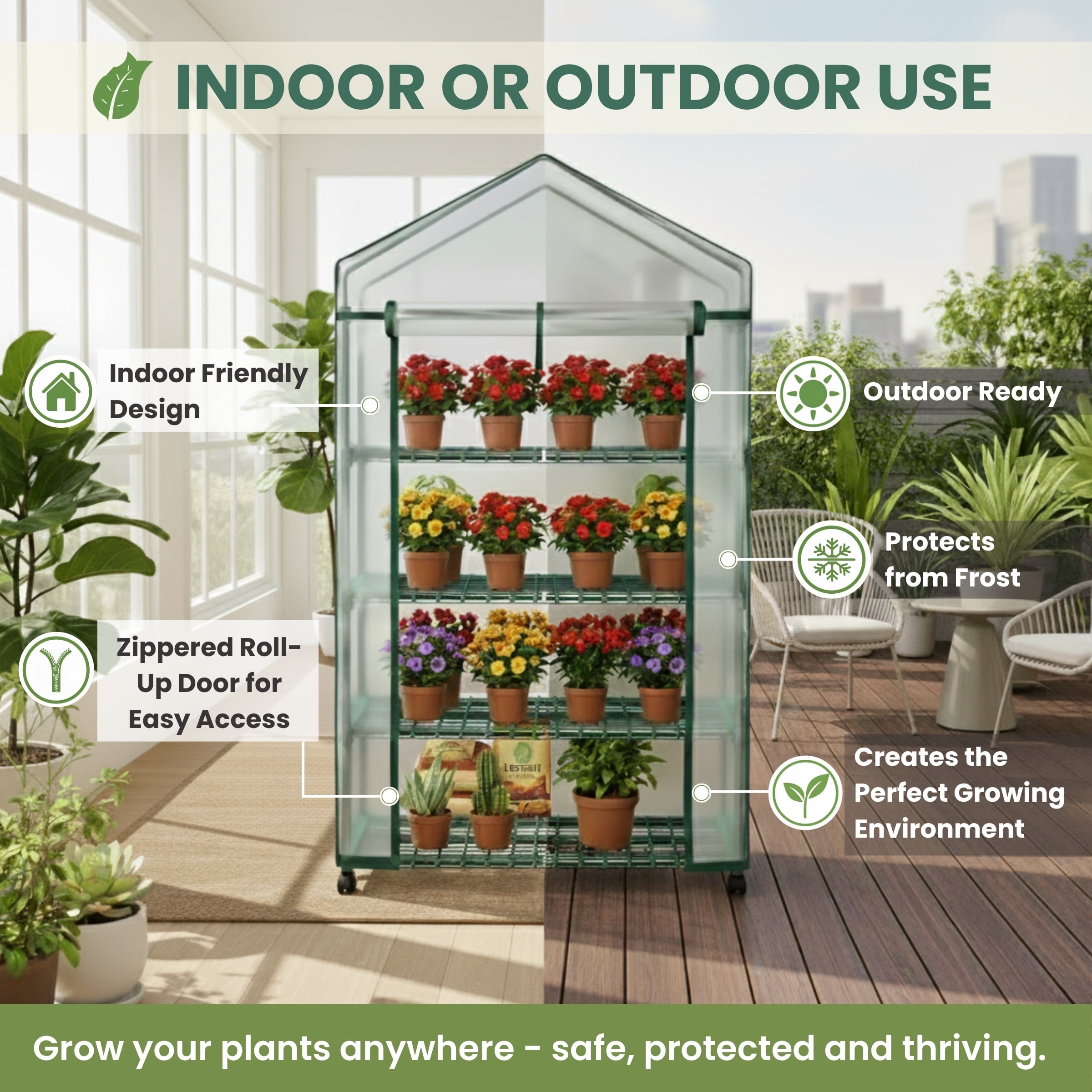 Home-Complete 4 Tier Mini Greenhouse with Locking Wheels and PVC Cover