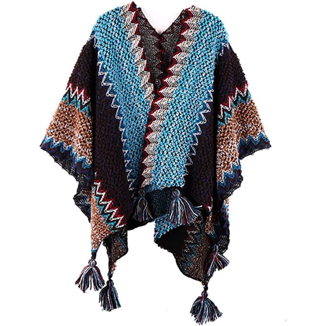 LinYooLi Poncho Cape Ethnique pour Femmes Tricot Ouvert devant Épaissi Pashmina avec Franges Temps Froid