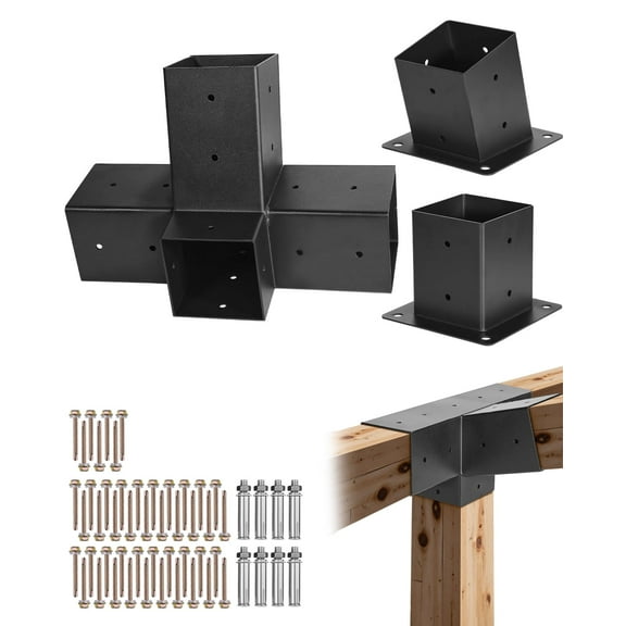 VEVOR Pergola Kit, 4x4 inch 4-Way Slanted Bracket for 3.5x3.5 inch Wood Beams in Actual Size, Carbon Steel Pergola Bracket with Post Base and Wall Mount Base, for Outdoor Pergolas, Gazebos, Sheds