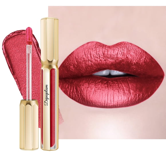 Depuplum Barras de labios rojas para mujer, barra de labios metálica de larga duración, antiadherente, brillo de labios, brillo metálico, ligero, hidratante, completa, color de labios DP105 Red Riot