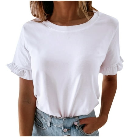 

Graphic Tees for Women Casual Corset Tops Round Neck Short Sleeve Solid Color Summer Clothes