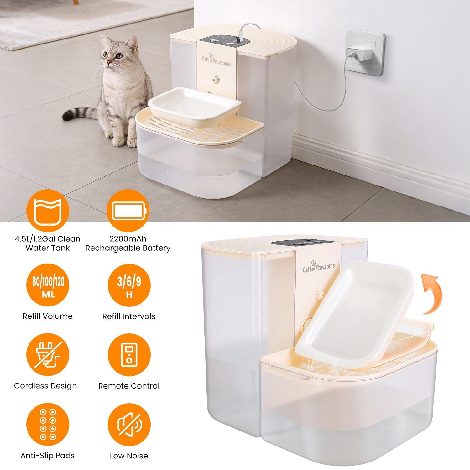 4.5L Cordless Smart Pet Water Fountain Automatic Cat Dog Water Dispenser Rechargeable Dual-Tank with Remote Control 3 Volume & 3 Timer Settings  RLB