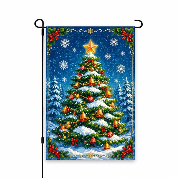 Christmas Tree Garden Flag with Ornaments, Bells, and Snowflakes - 12 x 18 Inch Yard Flag for Festive Outdoor Decor in Patio, Lawn, or Porch Display