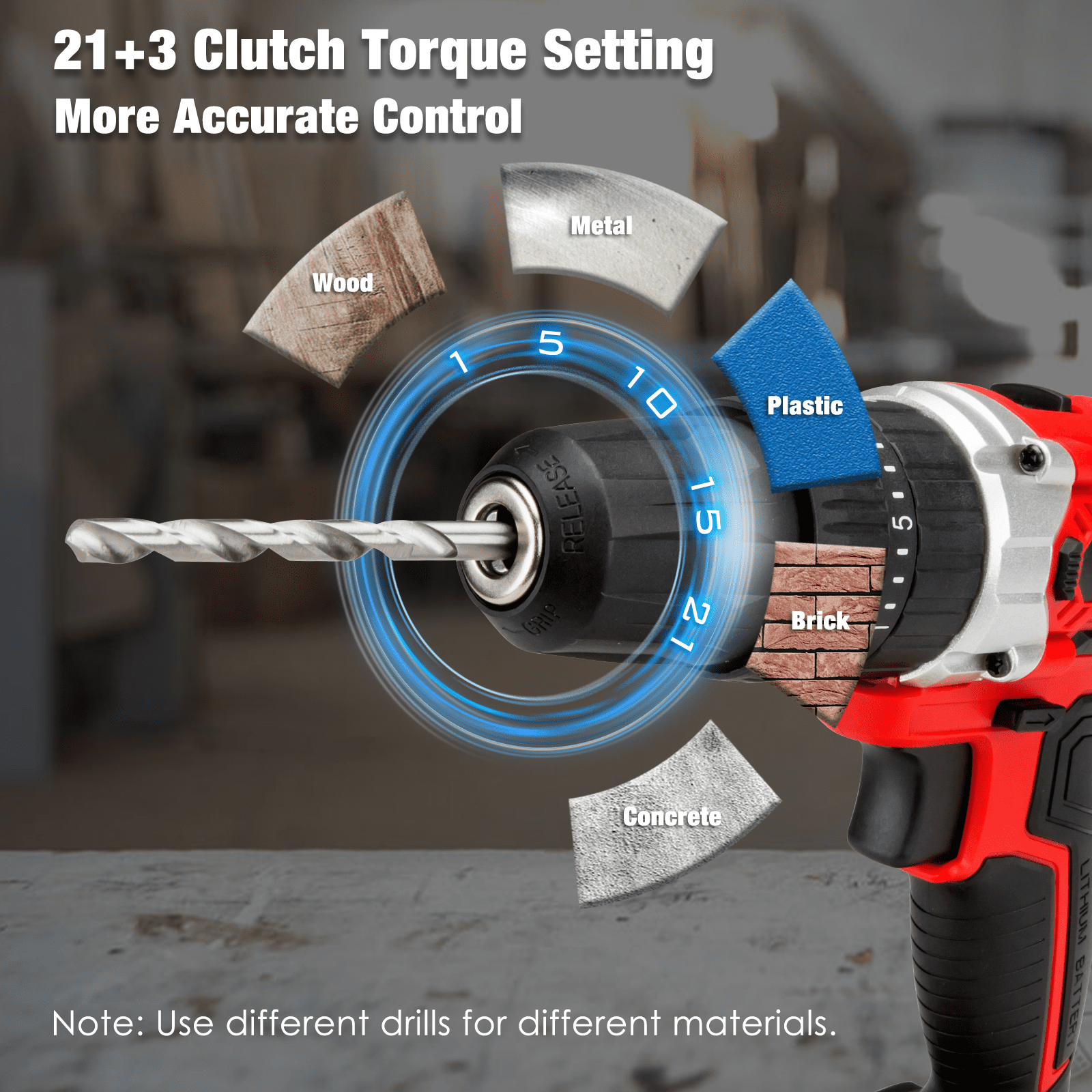 DEEPLUCK Cordless Drill Set, 20V Power Drill Kit with 2 X 2.0AH Battery, 44pcs Drill/Driver Bits, 1 Box Screws, Bubble Level, 3/8'' Chuck Electric Drill, 32NM, 21+3 Position, 2 Variable Speed