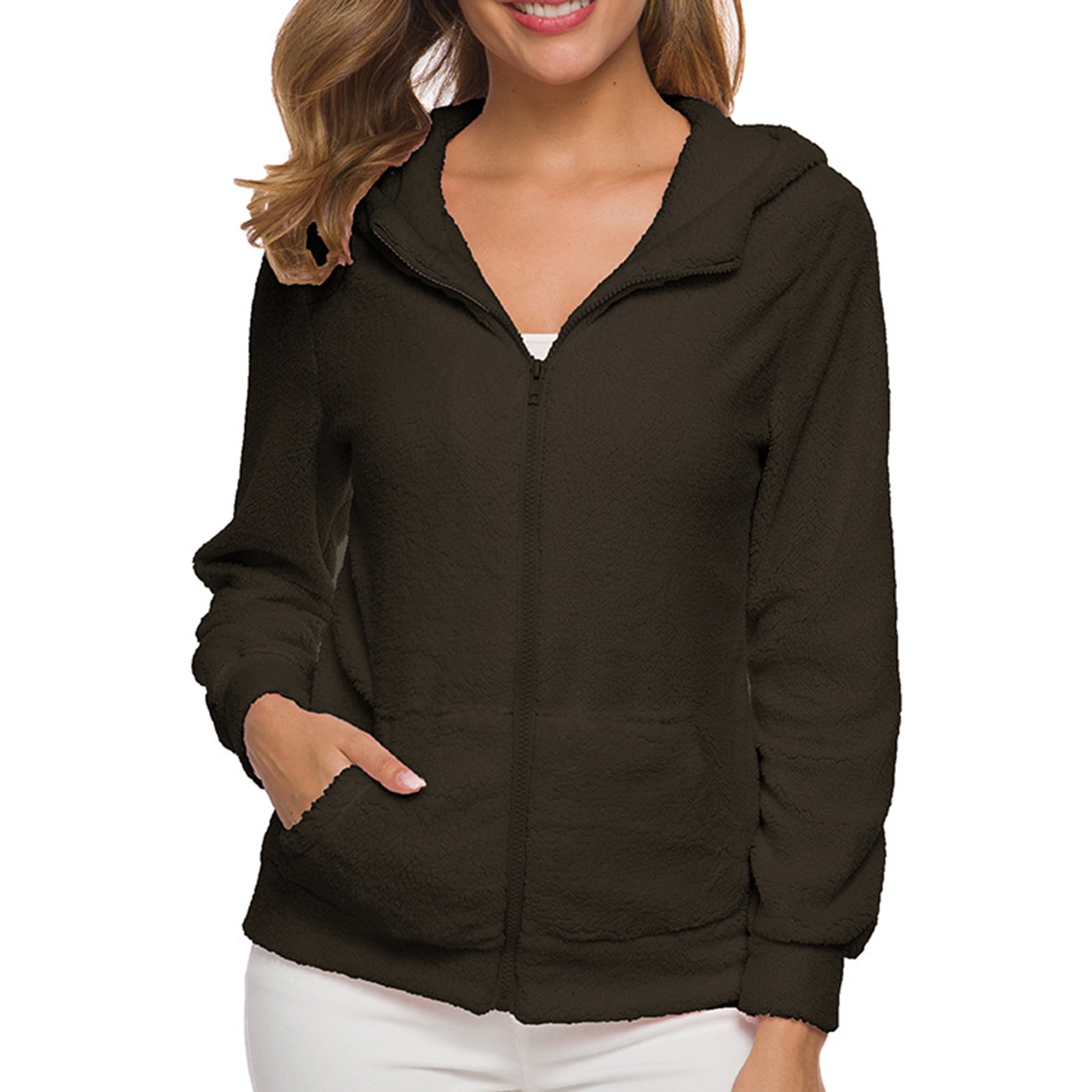 Liveday Women's Oversized Warm Faux Fuzzy Hoodies Casual Zip Up Jackets Coat Hooded Sweatshirt Outwear New, Size: 4XL, Brown