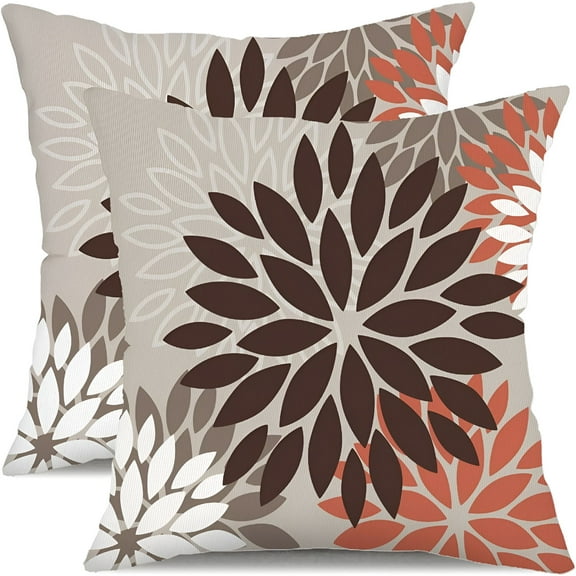 LAMIRO Brown Red Orange Pillow Covers 18x18" Set of 2 Flower Throw Pillows Outdoor Waterproof Decor for Living Room Couch Patio Furniture Garden Modern Floral Linen Cushion Case