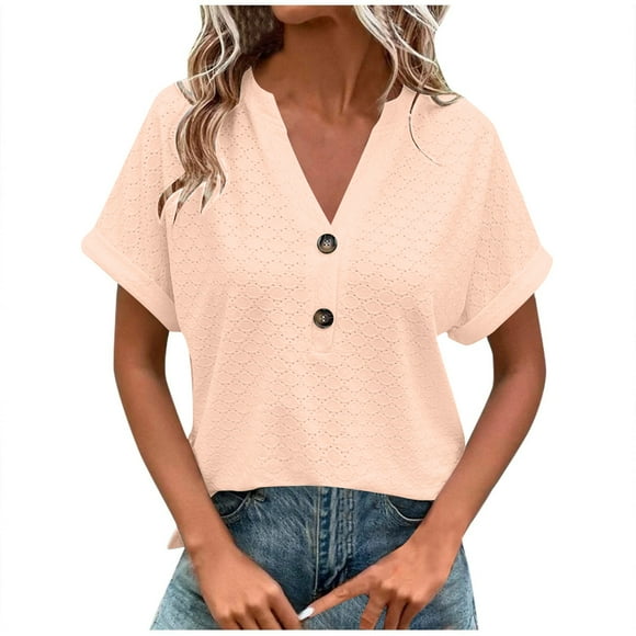 Summer Savings Clearance! RQYYD Summer Tops for Women Trendy 2025 Short Sleeve v Neck Eyelet Shirts Dressy Casual Loose Ladies Blouses Going Out